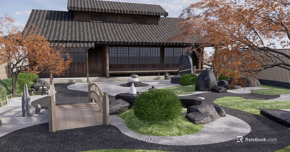 Traditional Japanese Garden Landscape With Rockery Stones Small Bridge Green Shrubs And Mossy Path 3d model 