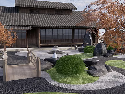 Traditional Japanese Garden Landscape With Rockery Stones Small Bridge Green Shrubs And Mossy Path 3d model