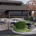 Traditional Japanese Garden Landscape With Rockery Stones Small Bridge Green Shrubs And Mossy Path
