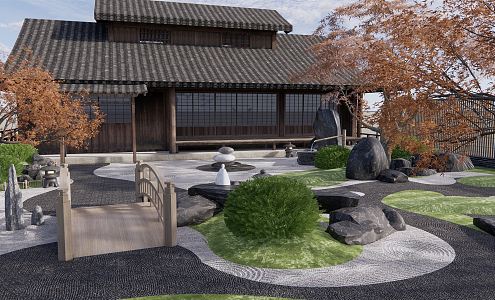 Japanese-style courtyard dry landscape courtyard landscape stone rockery courtyard gate landscape tree Zen landscape homestay courtyard 3d model