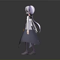 Game Movie Character Purple Hair Gray Coat Holding Large Orange Sword With Blue Circular Emblem