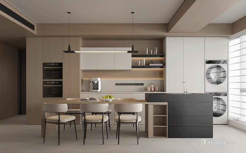 Modern Restaurant Interior With Open Kitchen Dining Table Chairs And Pendant Lights 3d model