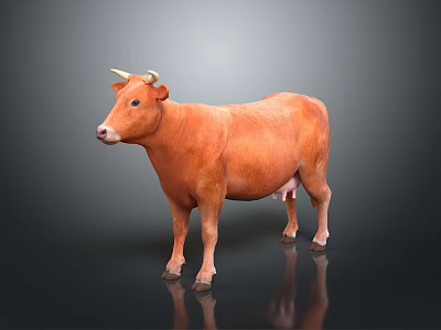 3D Rendered Orange Cow Standing On Black Background With Clear Reflection 3d model