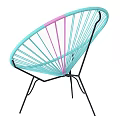 Stylish Modern Lounge Chair with Turquoise Woven Rope Pink Stripes and Black Metal Frame