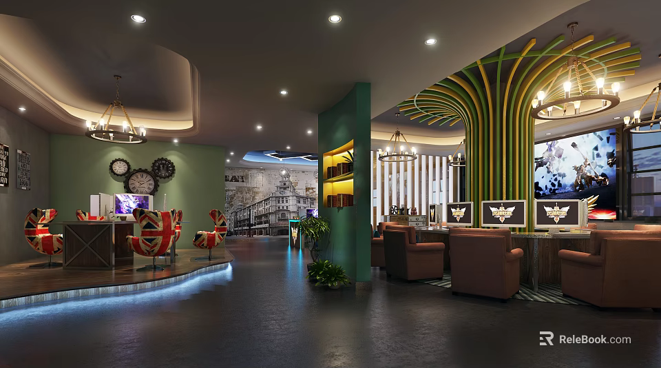 Modern Internet Cafe Interior With Comfortable Sofas Computer Stations And Green Accent Walls 3d model 