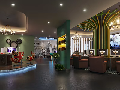 Modern Internet Cafe Interior With Comfortable Sofas Computer Stations And Green Accent Walls 3d model