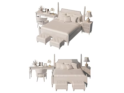 Simple Double Bed Bedroom With Bedside Tables Lamps Dressing Table Chair And Stools 3d model