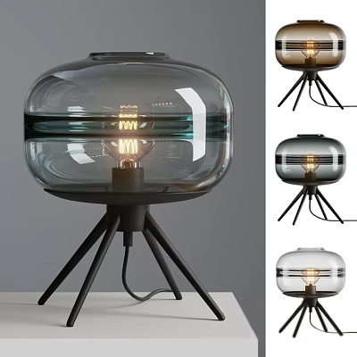 Modern Transparent Glass Globe Table Lamp with Black Tripod Base and Vintage Filament Bulb 3d model