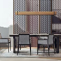 Modern Dining Table Set With Four Gray Chairs Decorative Screen And Wooden Ceiling Light 3d model