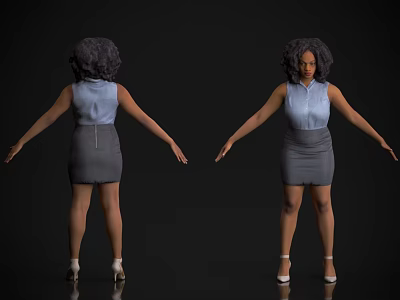 Woman In Blue Sleeveless Blouse And Gray Skirt With High Heels Front Back Views 3d model