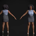 Woman In Blue Sleeveless Blouse And Gray Skirt With High Heels Front Back Views