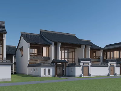 Chinese Style Townhouses with Traditional Black Roofs White Walls and Columns in Lush Green Lawn 3d model