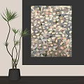 Modern Abstract Painting Decor On Dark Wall With Green Plant And Neutral Tones