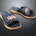 Black Crisscross Strap Slippers With Red White Orange Stripes And Woven Sole
