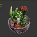 Small Rabbit Doll With Succulent Plants In Transparent Glass Bowl Decoration