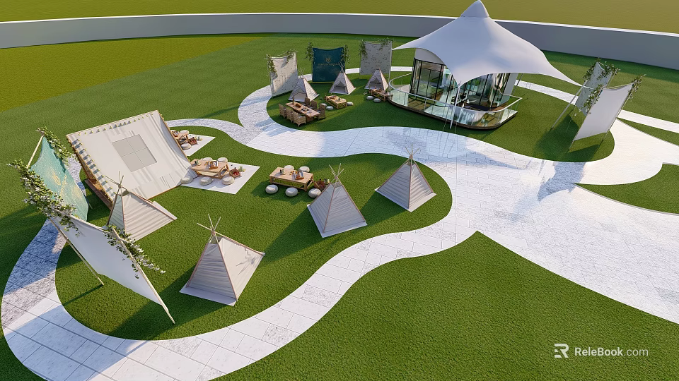 Scenic Camping Camp With Green Lawn Teepee Tents And Winding White Paths 3d model 