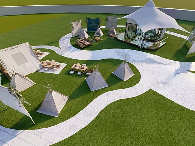 Scenic Camping Camp With Green Lawn Teepee Tents And Winding White Paths 3d model