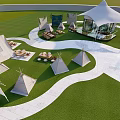 Scenic Camping Camp With Green Lawn Teepee Tents And Winding White Paths
