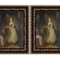 Pair of Vintage Female Portrait Paintings with Ornate Gold Frames and Classical Attire