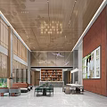 Modern Shop Front Desk With Marble Walls Wooden Ceiling Chandelier Green Plants And Large Windows