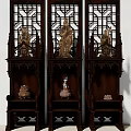Traditional Wooden Buddhist Shrine Cabinet With Carved Panels And Buddha Statues On Shelves