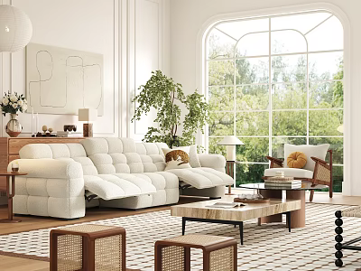 Bright Modern Living Room Interior With White Sofa Large Window Green Plant And Area Rug 3d model