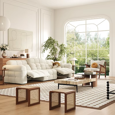 Bright Modern Living Room Interior With White Sofa Large Window Green Plant And Area Rug 3d model