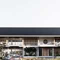 Modern Detached Villa With Wooden Roof Large Glass Windows And Off Road Vehicle In Grassland