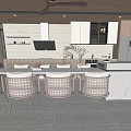 Modern Restaurant Interior With Wooden Ceiling Ceiling Fan Marble Island Counter Dining Table And Chairs