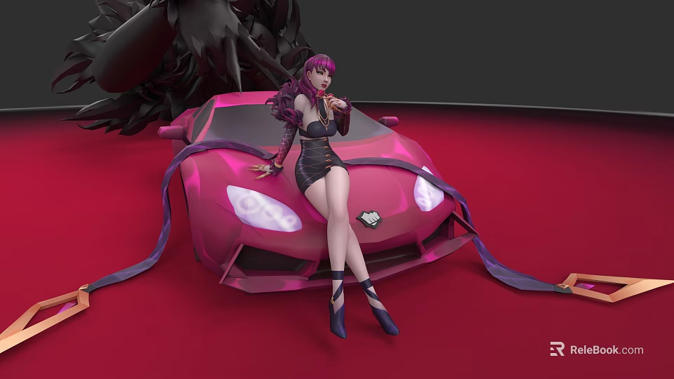 Game Movie Character With Purple Hair Posing On Pink Sports Car Red Carpet 3d model 
