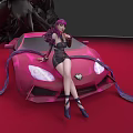 Game Movie Character With Purple Hair Posing On Pink Sports Car Red Carpet