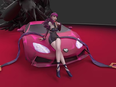 Game Movie Character With Purple Hair Posing On Pink Sports Car Red Carpet 3d model