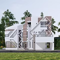 Modern Detached Villa With Geometric Exterior Design Surrounded By Trees Green Lawn And Large Windows