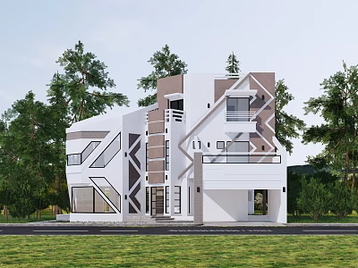 Modern Detached Villa With Geometric Exterior Design Surrounded By Trees Green Lawn And Large Windows 3d model
