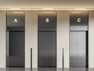 Modern Building Elevators With Three Doors Labeled A B C And Metallic Finish 3d model