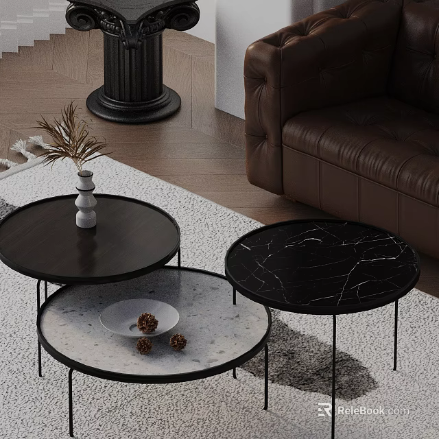 Modern Leather Sofa with Round Coffee Tables Set Marble Top and Metal Legs 3d model 