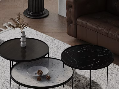 Modern Leather Sofa with Round Coffee Tables Set Marble Top and Metal Legs 3d model