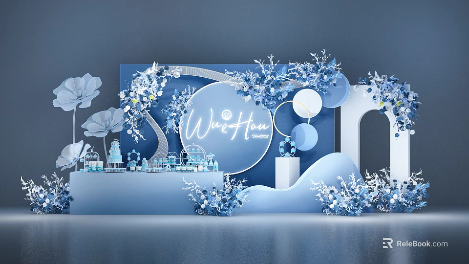 Blue Themed Wedding Decor With Round Sign Flowers And Arch Design 3d model 