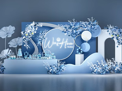 Blue Themed Wedding Decor With Round Sign Flowers And Arch Design 3d model
