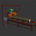 Heavy Log Cutting Machine With Orange Blades On Green Metal Stand Processing Large Wood Log