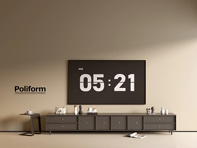 Poliform Modern Dark TV Stand With Drawers And TV Screen In Minimalist Living Room 3d model