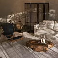 Japanese Inspired Living Room With Wooden Shoji Screen Sofa Coffee Table And Large Windows