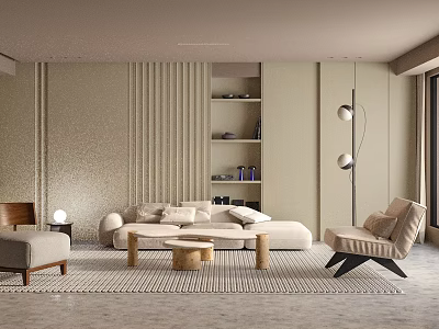Elegant Modern Living Room Interior With Beige Sofa Wooden Coffee Table And Striped Rug 3d model