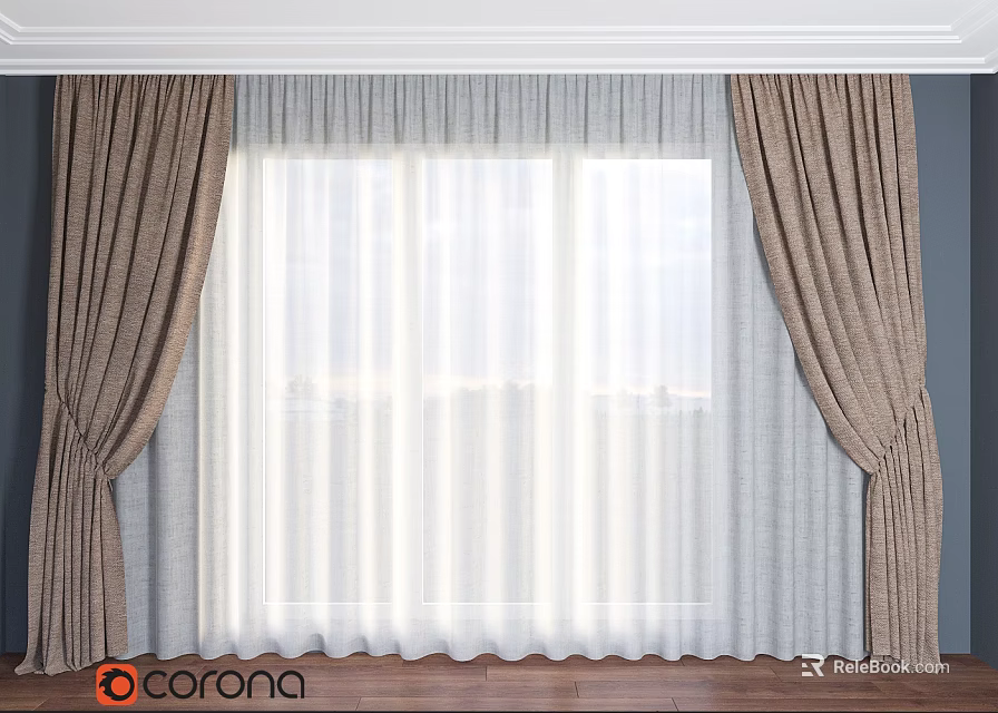 Brown Curtains With White Sheer Layers And Wooden Floor Against Gray Wall 3d model 