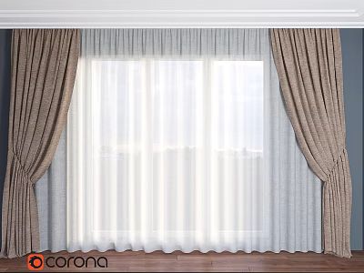 Brown Curtains With White Sheer Layers And Wooden Floor Against Gray Wall 3d model