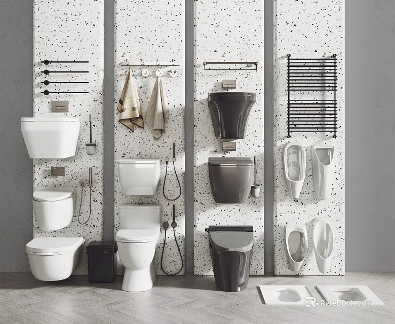 Modern Bathroom Toilet Display With White Black Styles And Wall Accessories 3d model 