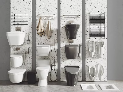 Modern Bathroom Toilet Display With White Black Styles And Wall Accessories 3d model