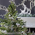 Festive Christmas Decoration Scene With Decorated Tree Fireplace Gifts And Garland Lights
