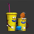 Funny Yellow Cartoon Cups With Smiling Faces Straw Fried Chicken And Small Blue Cup