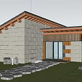 Modern Boutique Guesthouse Building With Wooden Roof Large Glass Windows Green Lawn And Surrounding Trees